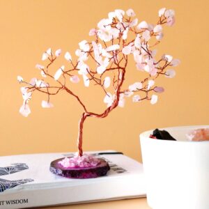 Arbol de piedras preciosas grande: Cuarzo rosa sobre base de ágata rosa